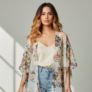Sheer Floral Embroidered Kimono Cardigan With Bead Details